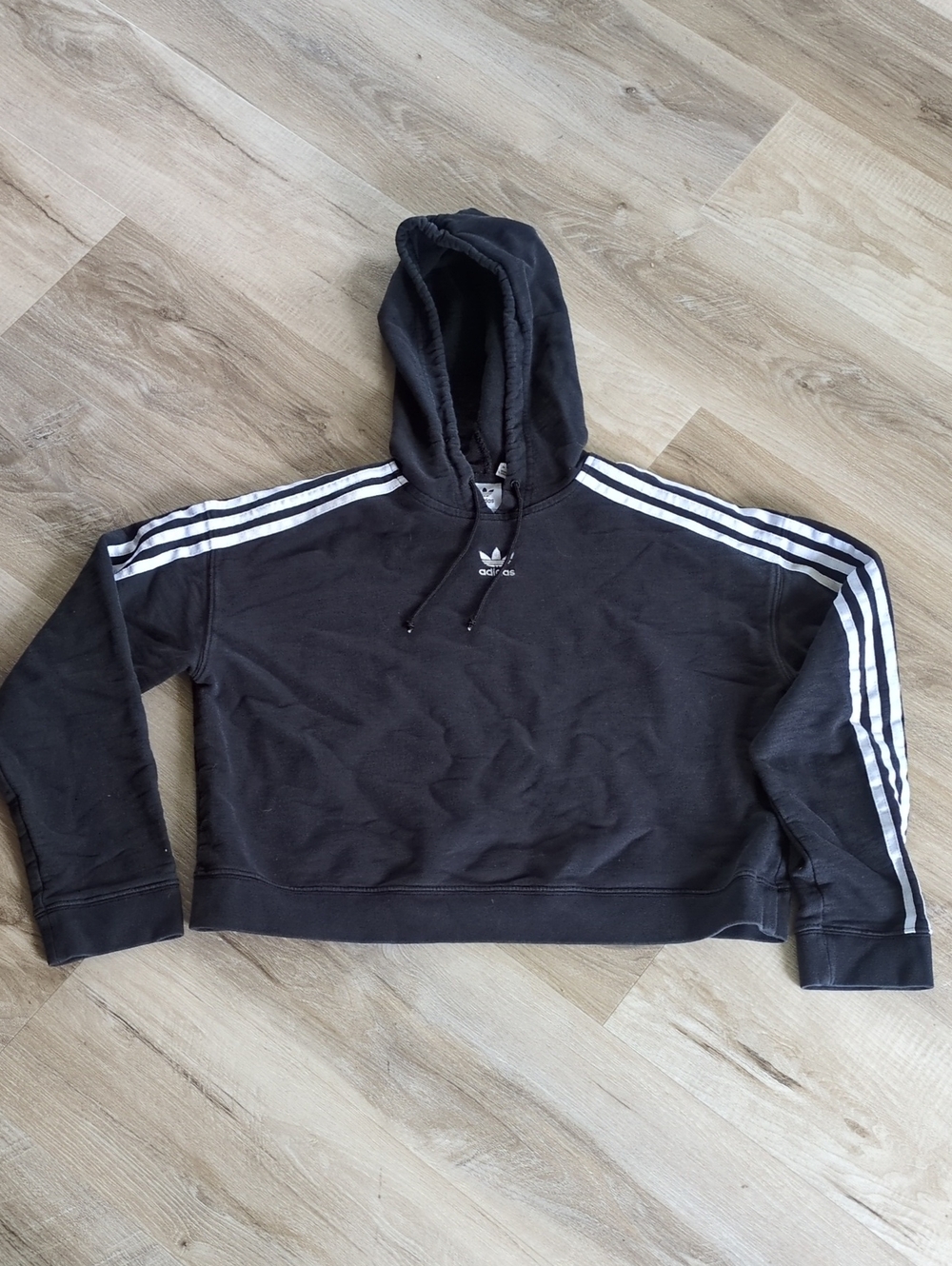 adidas Black Cropped Hoodie with White 3-Stripes